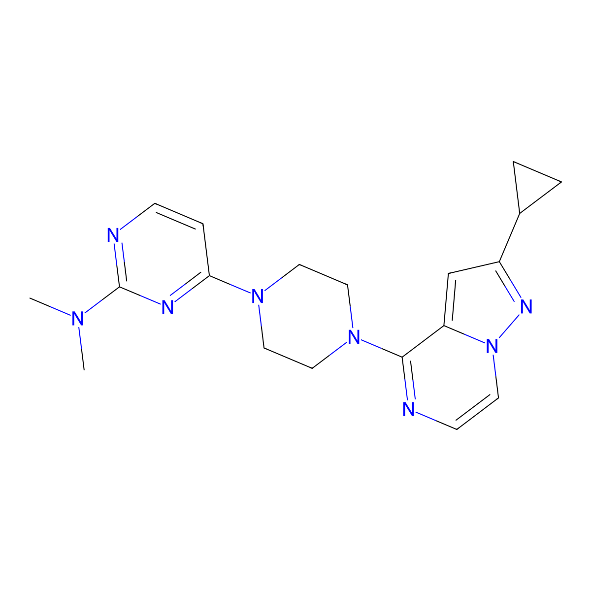 4-(4-{2-cyclopropylpyrazolo[1,5-a]pyrazin-4-yl}piperazin-1-yl)-N,N-dimethylpyrimidin-2-amine molecular structure, CAS 2640977-16-6