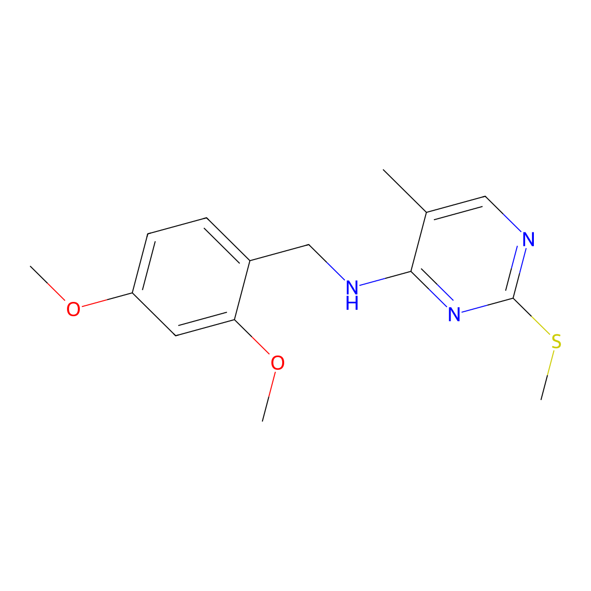 N-[(2,4-dimethoxyphenyl)methyl]-5-methyl-2-(methylsulfanyl)pyrimidin-4-amine molecular structure, CAS 2640977-17-7