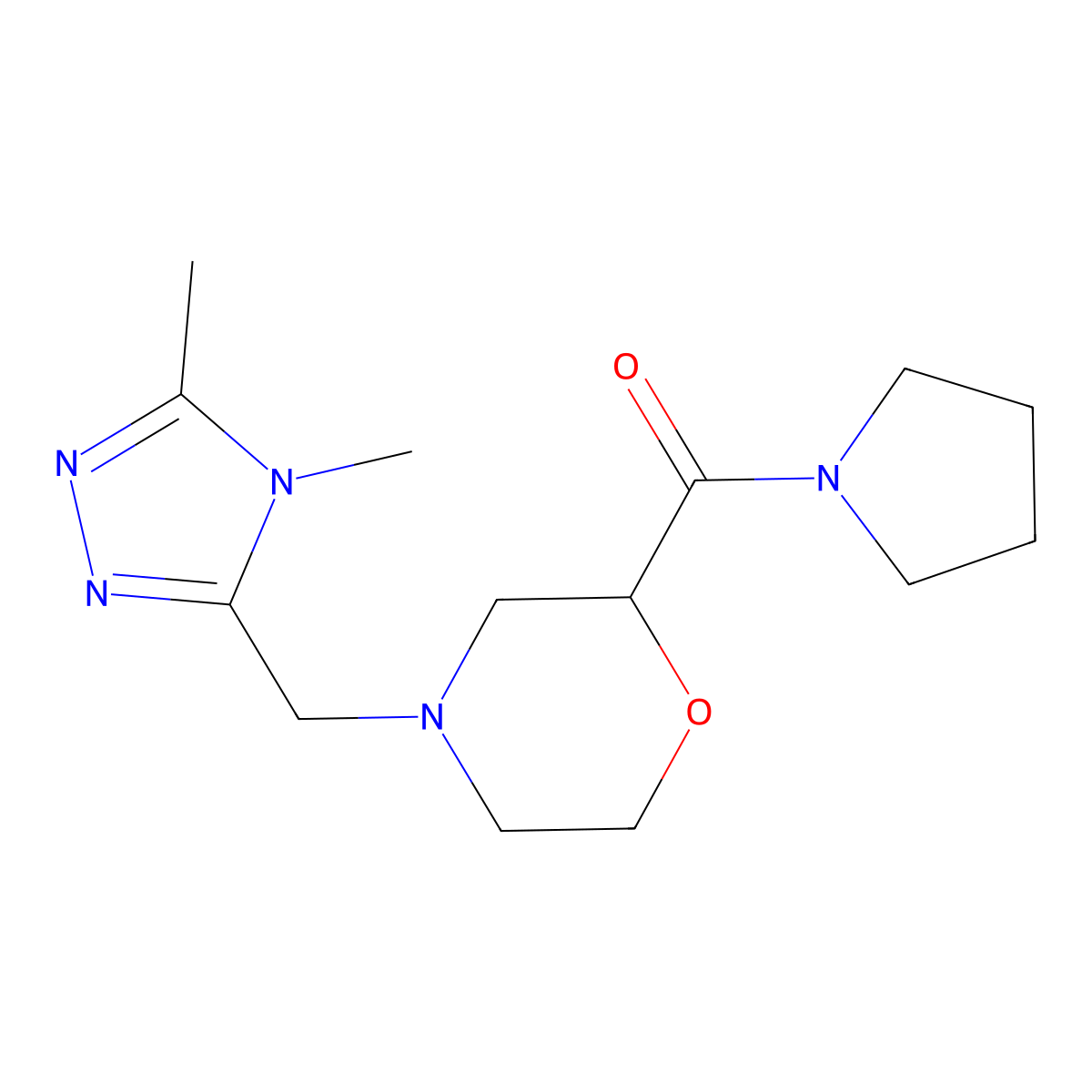 4-[(4,5-dimethyl-4H-1,2,4-triazol-3-yl)methyl]-2-(pyrrolidine-1-carbonyl)morpholine molecular structure, CAS 2640977-19-9