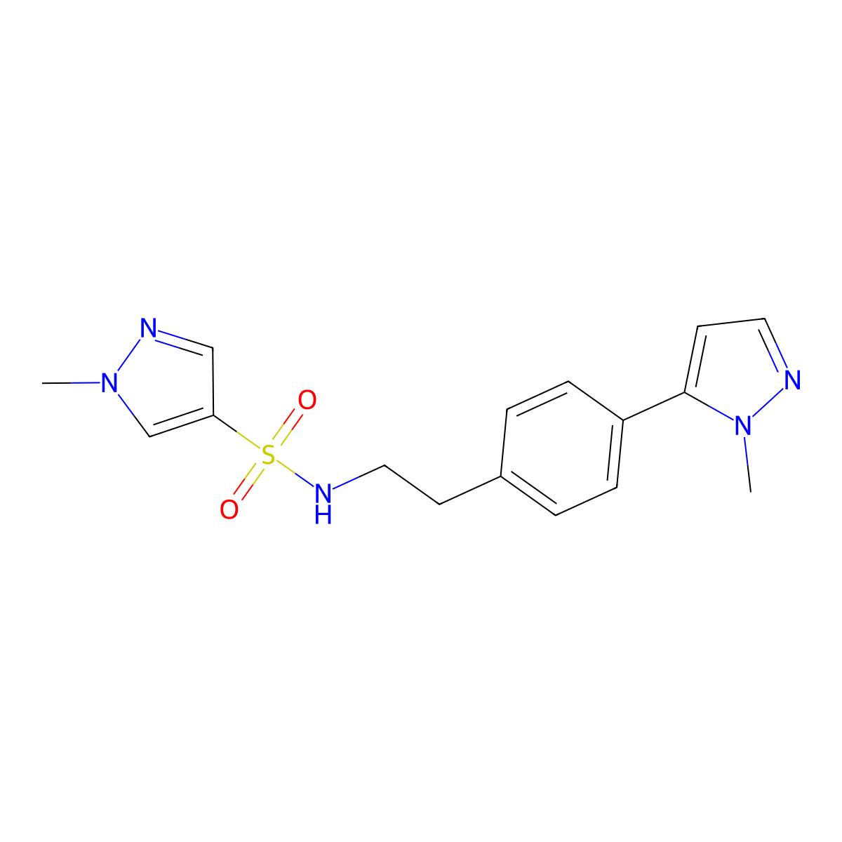 1-methyl-N-{2-[4-(1-methyl-1H-pyrazol-5-yl)phenyl]ethyl}-1H-pyrazole-4-sulfonamide molecular structure, CAS 2640977-36-0