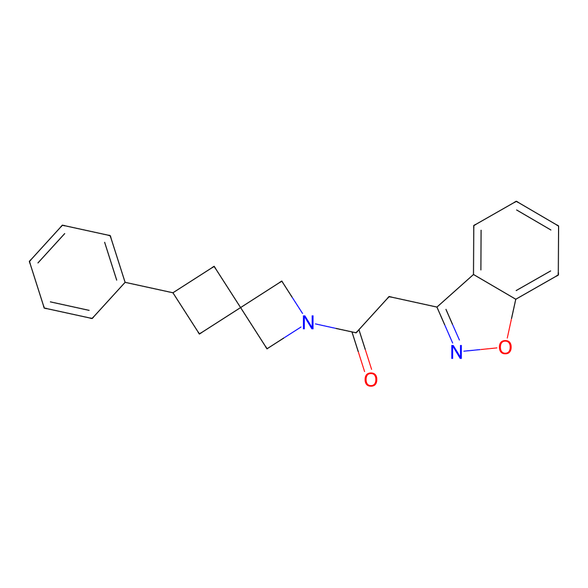 2-(1,2-Benzoxazol-3-yl)-1-{6-phenyl-2-azaspiro[3.3]heptan-2-yl}ethan-1-one molecular structure, CAS 2640977-40-6