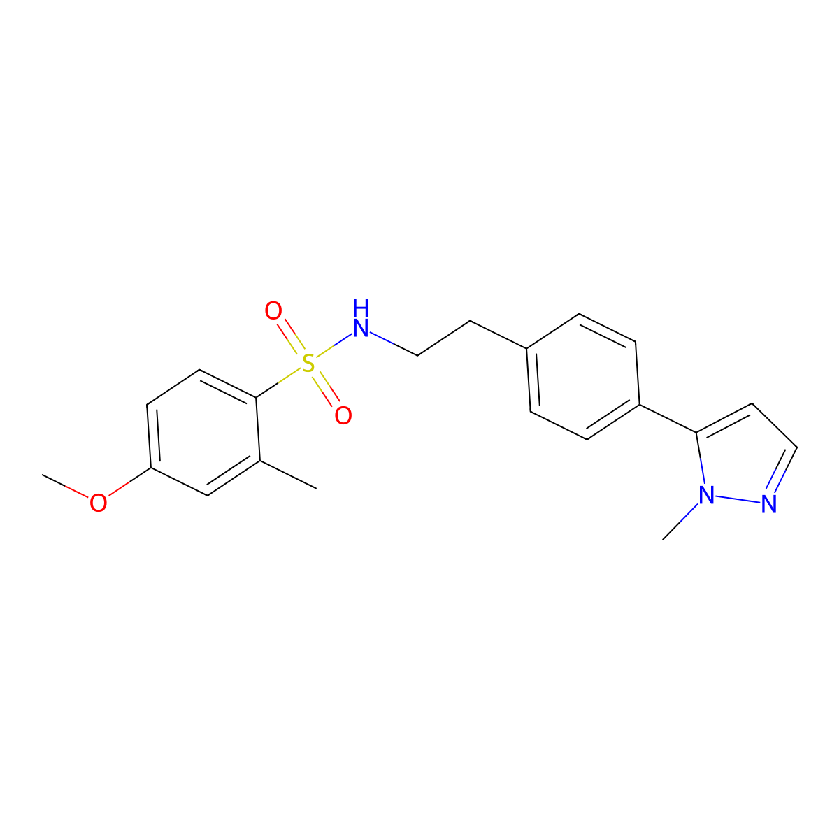 4-methoxy-2-methyl-N-{2-[4-(1-methyl-1H-pyrazol-5-yl)phenyl]ethyl}benzene-1-sulfonamide molecular structure, CAS 2640977-47-3