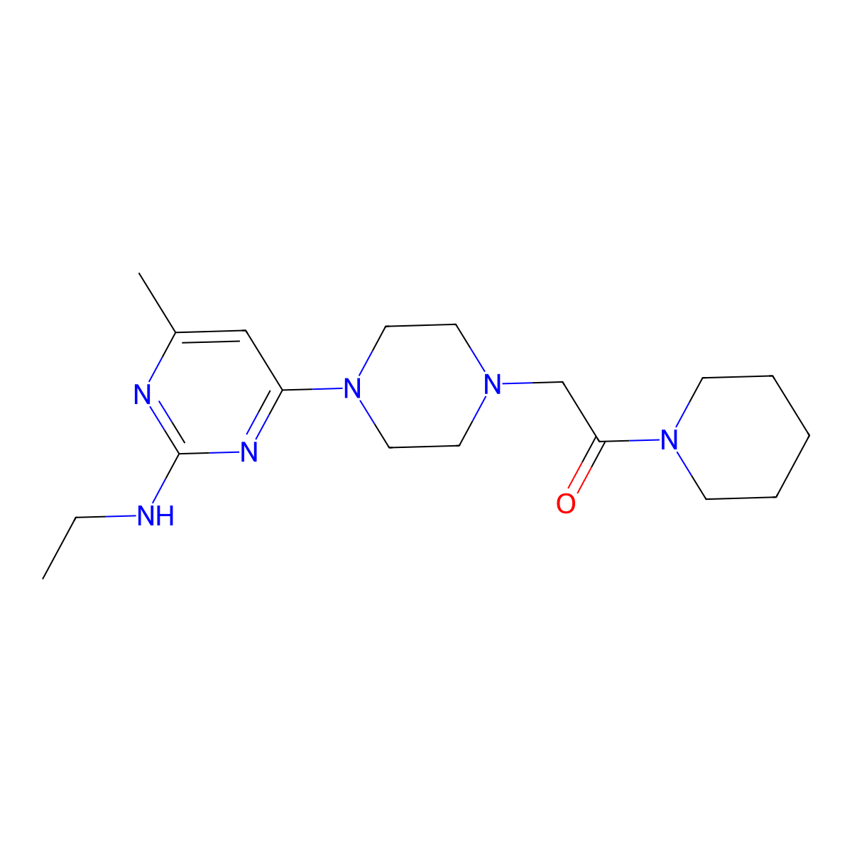 2-{4-[2-(Ethylamino)-6-methylpyrimidin-4-yl]piperazin-1-yl}-1-(piperidin-1-yl)ethan-1-one molecular structure, CAS 2640977-48-4