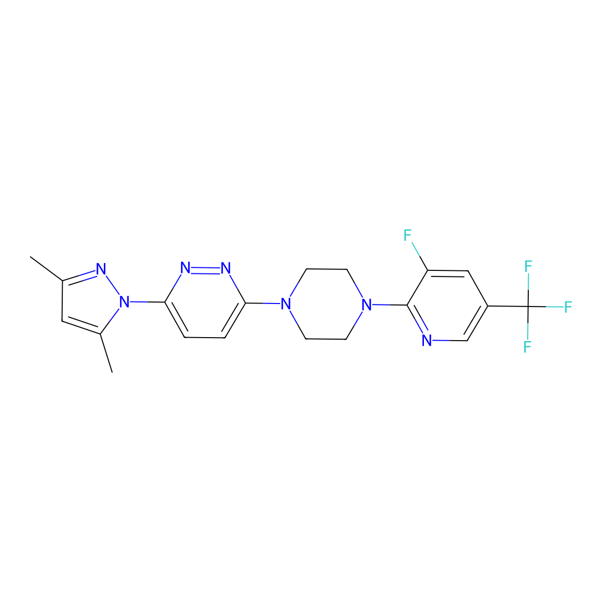 3-(3,5-dimethyl-1H-pyrazol-1-yl)-6-{4-[3-fluoro-5-(trifluoromethyl)pyridin-2-yl]piperazin-1-yl}pyridazine molecular structure, CAS 2640977-49-5
