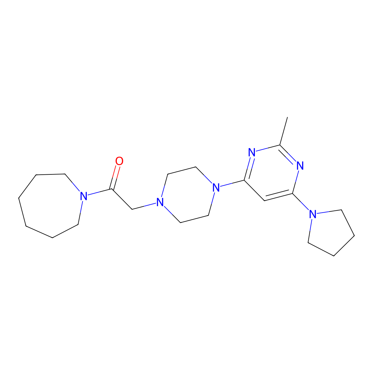 1-(Azepan-1-yl)-2-{4-[2-methyl-6-(pyrrolidin-1-yl)pyrimidin-4-yl]piperazin-1-yl}ethan-1-one molecular structure, CAS 2640977-51-9