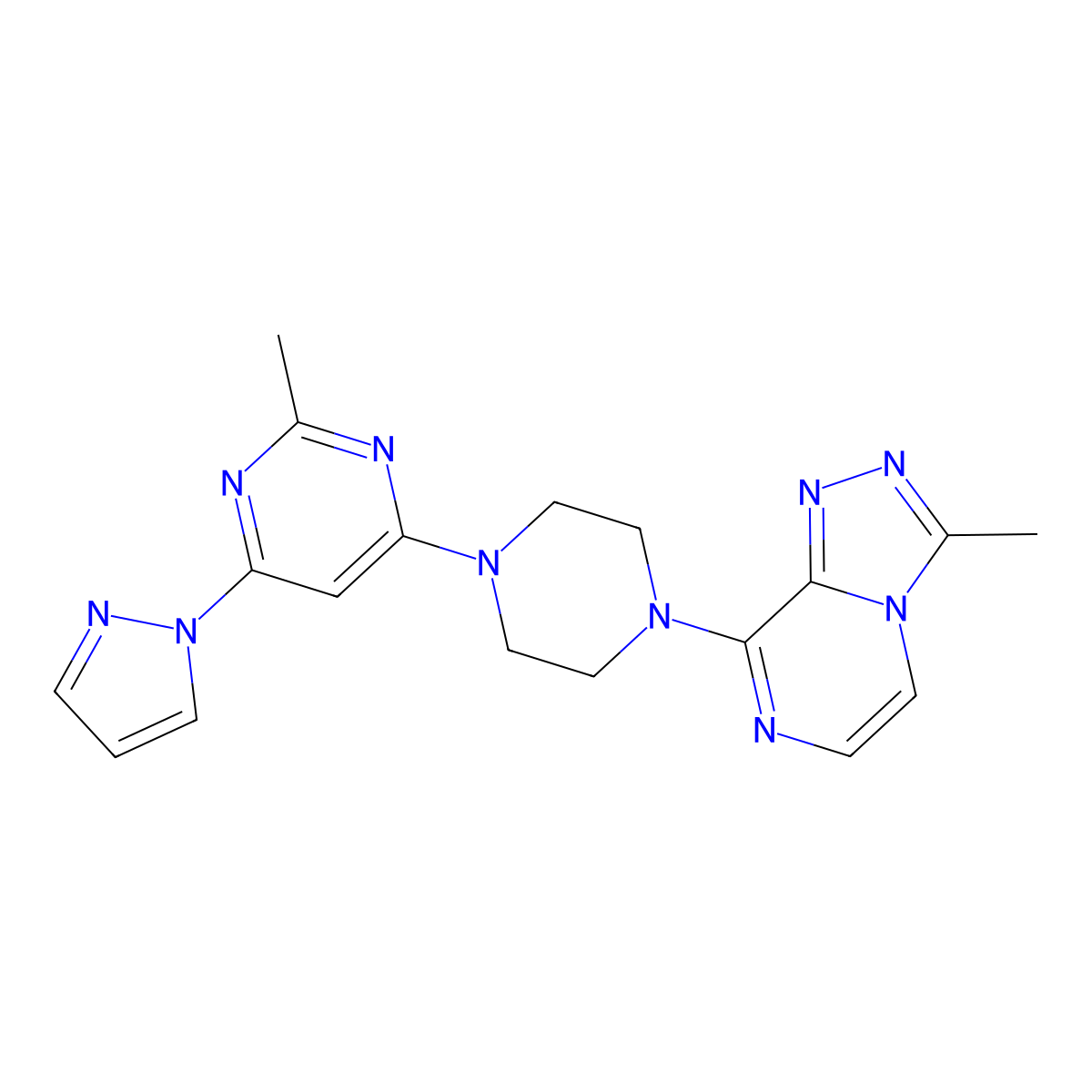 2-methyl-4-(4-{3-methyl-[1,2,4]triazolo[4,3-a]pyrazin-8-yl}piperazin-1-yl)-6-(1H-pyrazol-1-yl)pyrimidine molecular structure, CAS 2640977-55-3