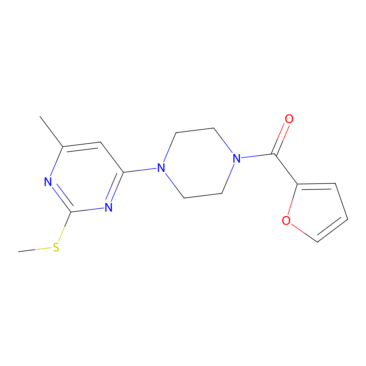 4-[4-(Furan-2-carbonyl)piperazin-1-yl]-6-methyl-2-(methylsulfanyl)pyrimidine molecular structure, CAS 2640977-62-2