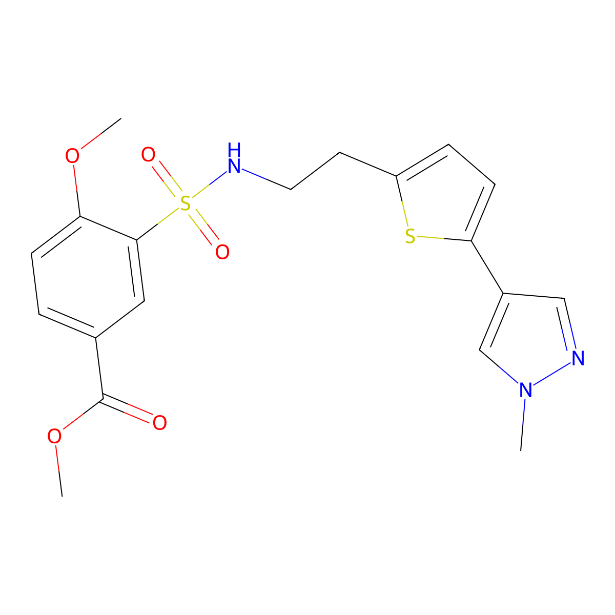 methyl 4-methoxy-3-({2-[5-(1-methyl-1H-pyrazol-4-yl)thiophen-2-yl]ethyl}sulfamoyl)benzoate molecular structure, CAS 2640977-65-5
