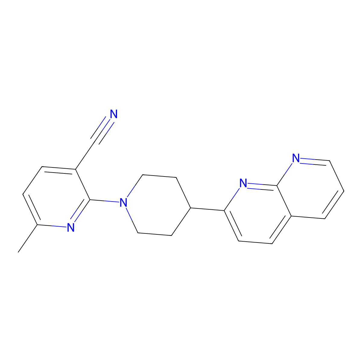6-Methyl-2-[4-(1,8-naphthyridin-2-yl)piperidin-1-yl]pyridine-3-carbonitrile molecular structure, CAS 2640977-70-2
