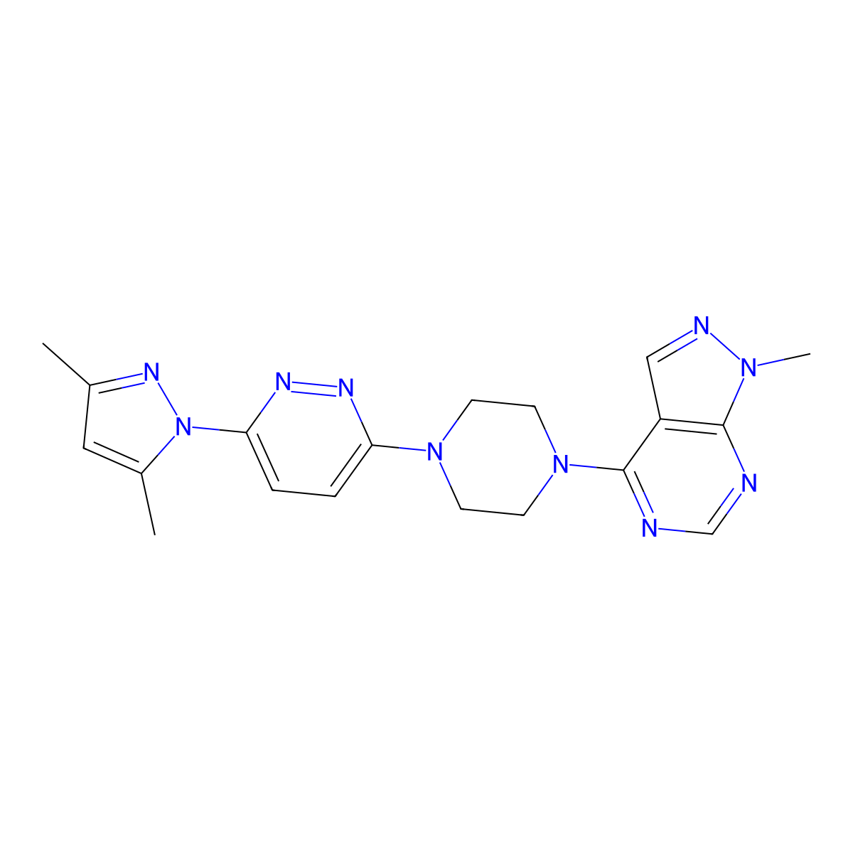 3-(3,5-dimethyl-1H-pyrazol-1-yl)-6-(4-{1-methyl-1H-pyrazolo[3,4-d]pyrimidin-4-yl}piperazin-1-yl)pyridazine molecular structure, CAS 2640977-71-3