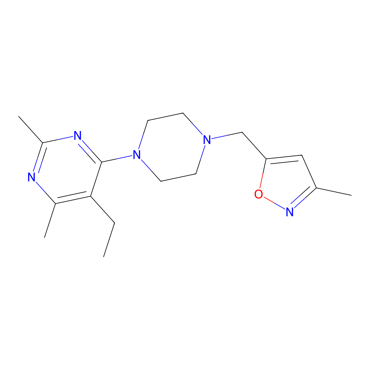 5-Ethyl-2,4-dimethyl-6-{4-[(3-methyl-1,2-oxazol-5-yl)methyl]piperazin-1-yl}pyrimidine molecular structure, CAS 2640977-72-4