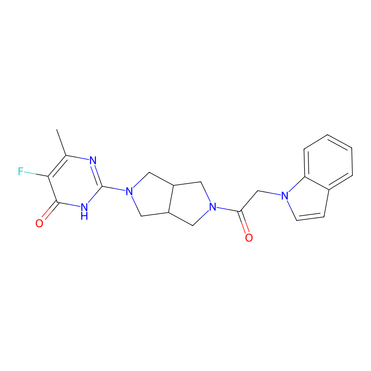 5-fluoro-2-{5-[2-(1H-indol-1-yl)acetyl]-octahydropyrrolo[3,4-c]pyrrol-2-yl}-6-methyl-3,4-dihydropyrimidin-4-one molecular structure, CAS 2640977-83-7