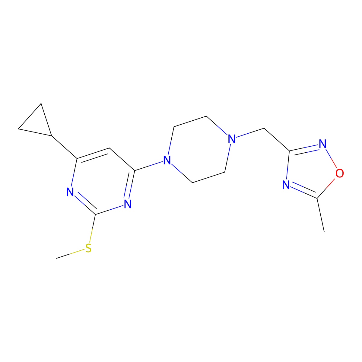 4-Cyclopropyl-6-{4-[(5-methyl-1,2,4-oxadiazol-3-yl)methyl]piperazin-1-yl}-2-(methylsulfanyl)pyrimidine molecular structure, CAS 2640977-87-1