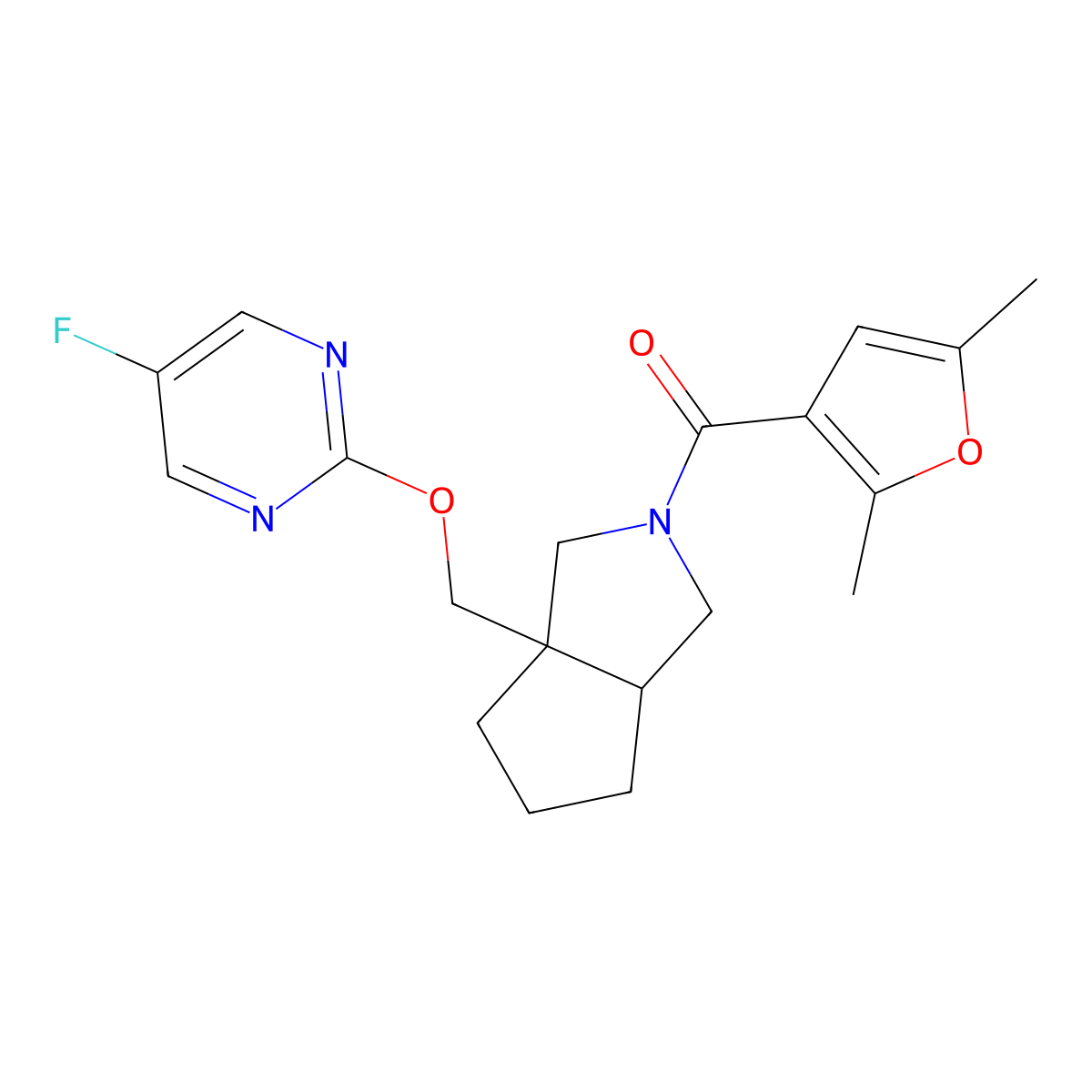2-{[2-(2,5-Dimethylfuran-3-carbonyl)-octahydrocyclopenta[c]pyrrol-3a-yl]methoxy}-5-fluoropyrimidine molecular structure, CAS 2640977-92-8
