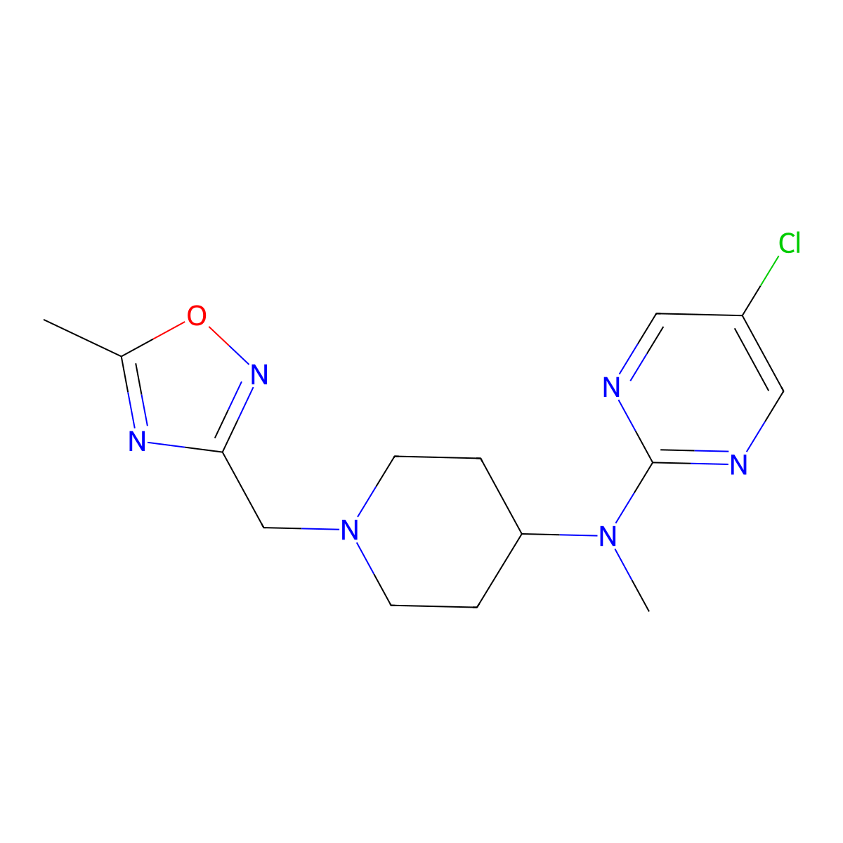 5-chloro-N-methyl-N-{1-[(5-methyl-1,2,4-oxadiazol-3-yl)methyl]piperidin-4-yl}pyrimidin-2-amine molecular structure, CAS 2640977-93-9