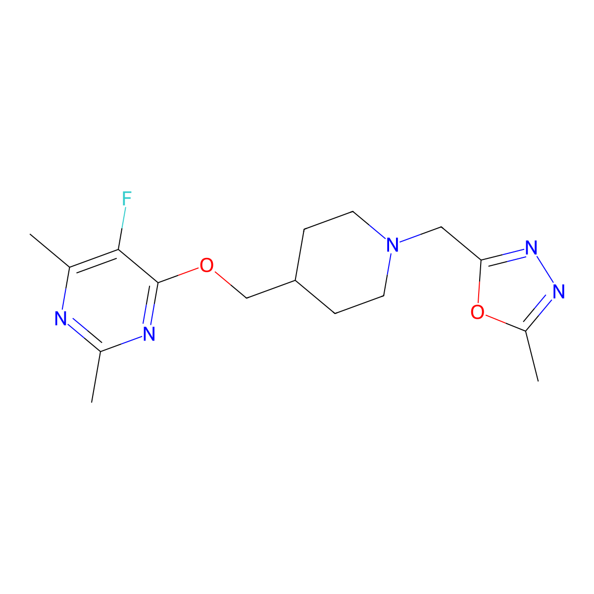 5-Fluoro-2,4-dimethyl-6-({1-[(5-methyl-1,3,4-oxadiazol-2-yl)methyl]piperidin-4-yl}methoxy)pyrimidine molecular structure, CAS 2640977-98-4