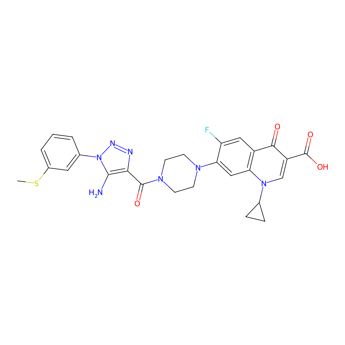 7-(4-{5-amino-1-[3-(methylsulfanyl)phenyl]-1H-1,2,3-triazole-4-carbonyl}piperazin-1-yl)-1-cyclopropyl-6-fluoro-4-oxo-1,4-dihydroquinoline-3-carboxylic acid molecular structure, CAS 2640978-07-8