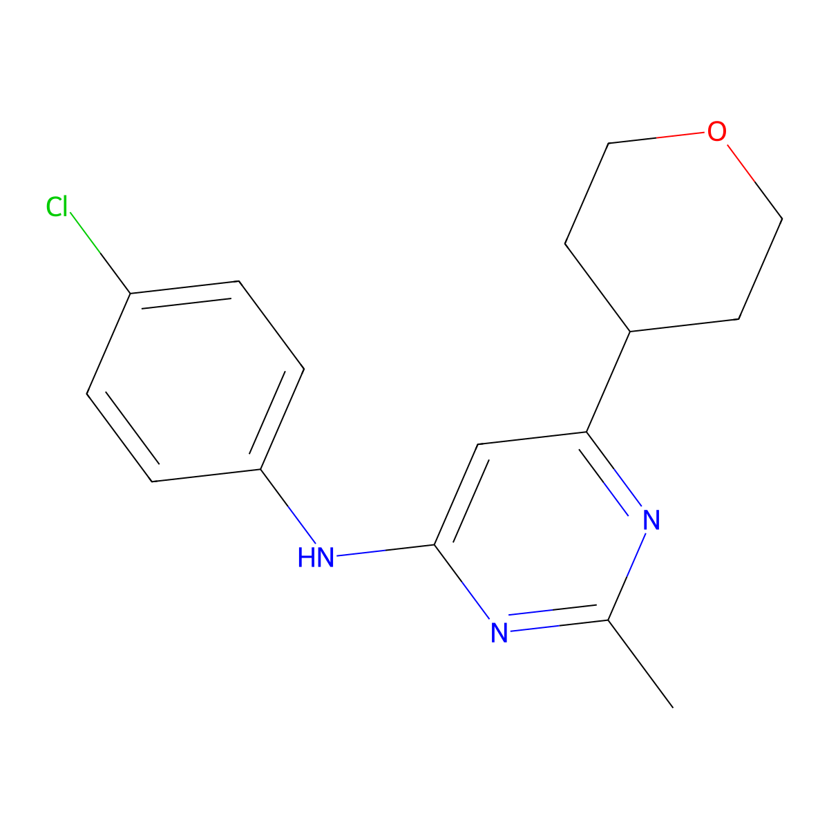 N-(4-chlorophenyl)-2-methyl-6-(oxan-4-yl)pyrimidin-4-amine molecular structure, CAS 2640978-15-8