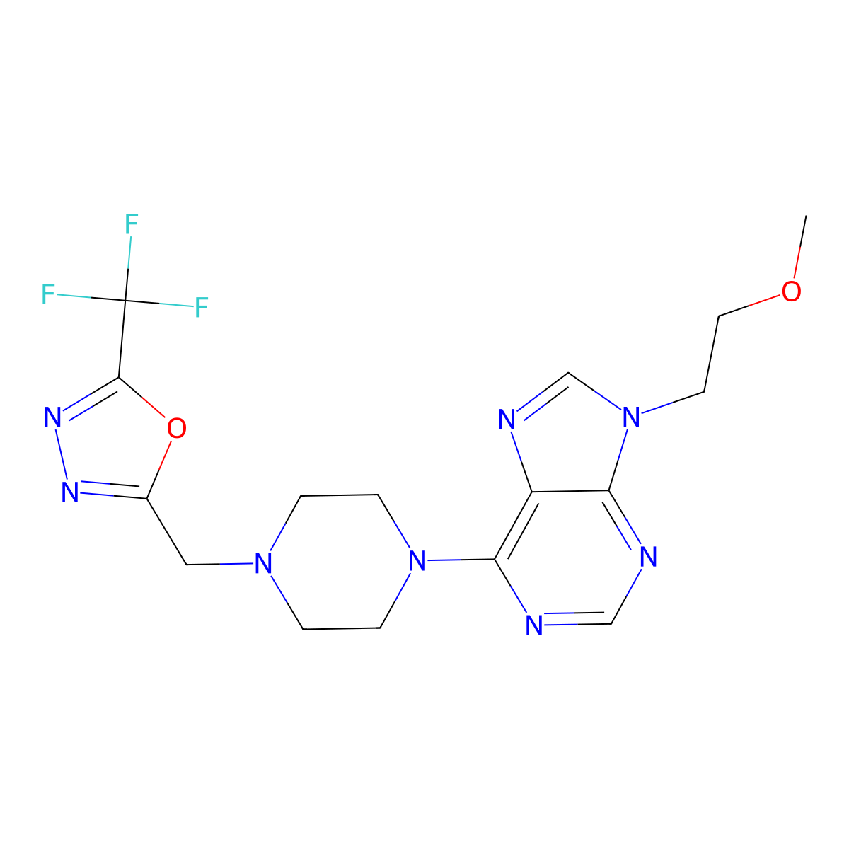9-(2-methoxyethyl)-6-(4-{[5-(trifluoromethyl)-1,3,4-oxadiazol-2-yl]methyl}piperazin-1-yl)-9H-purine molecular structure, CAS 2640978-16-9