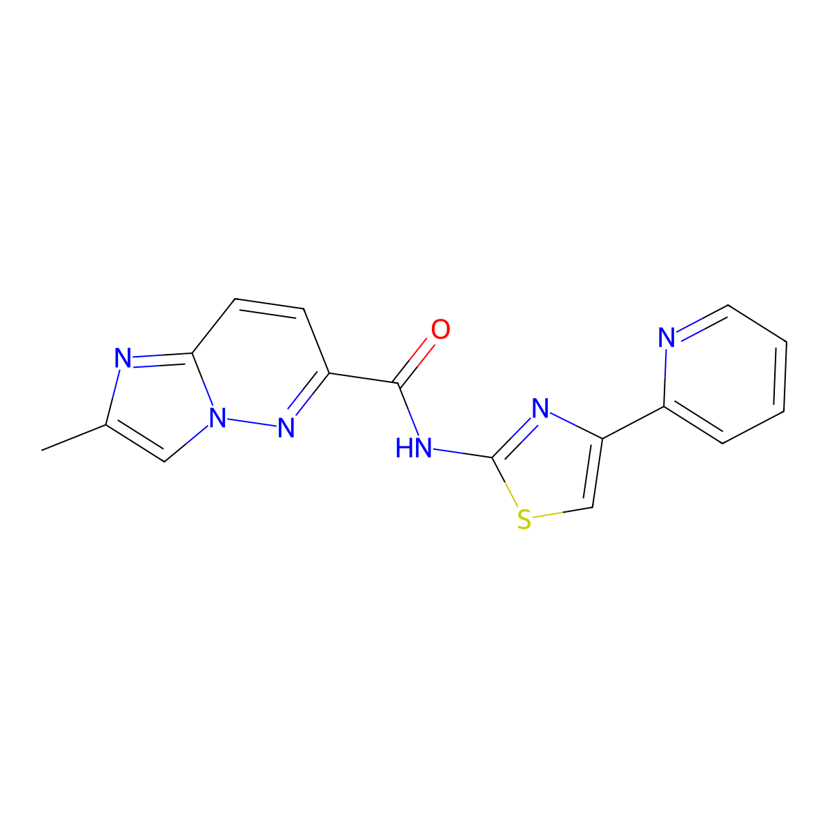 2-methyl-N-[4-(pyridin-2-yl)-1,3-thiazol-2-yl]imidazo[1,2-b]pyridazine-6-carboxamide molecular structure, CAS 2640978-19-2
