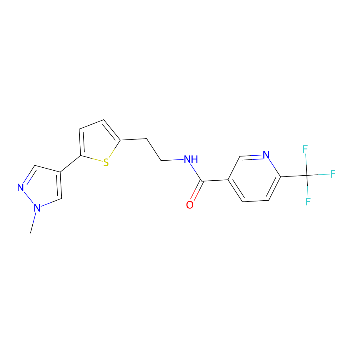 N-{2-[5-(1-methyl-1H-pyrazol-4-yl)thiophen-2-yl]ethyl}-6-(trifluoromethyl)pyridine-3-carboxamide molecular structure, CAS 2640978-24-9