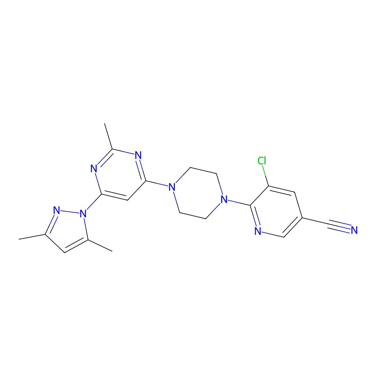 5-chloro-6-{4-[6-(3,5-dimethyl-1H-pyrazol-1-yl)-2-methylpyrimidin-4-yl]piperazin-1-yl}pyridine-3-carbonitrile molecular structure, CAS 2640978-25-0