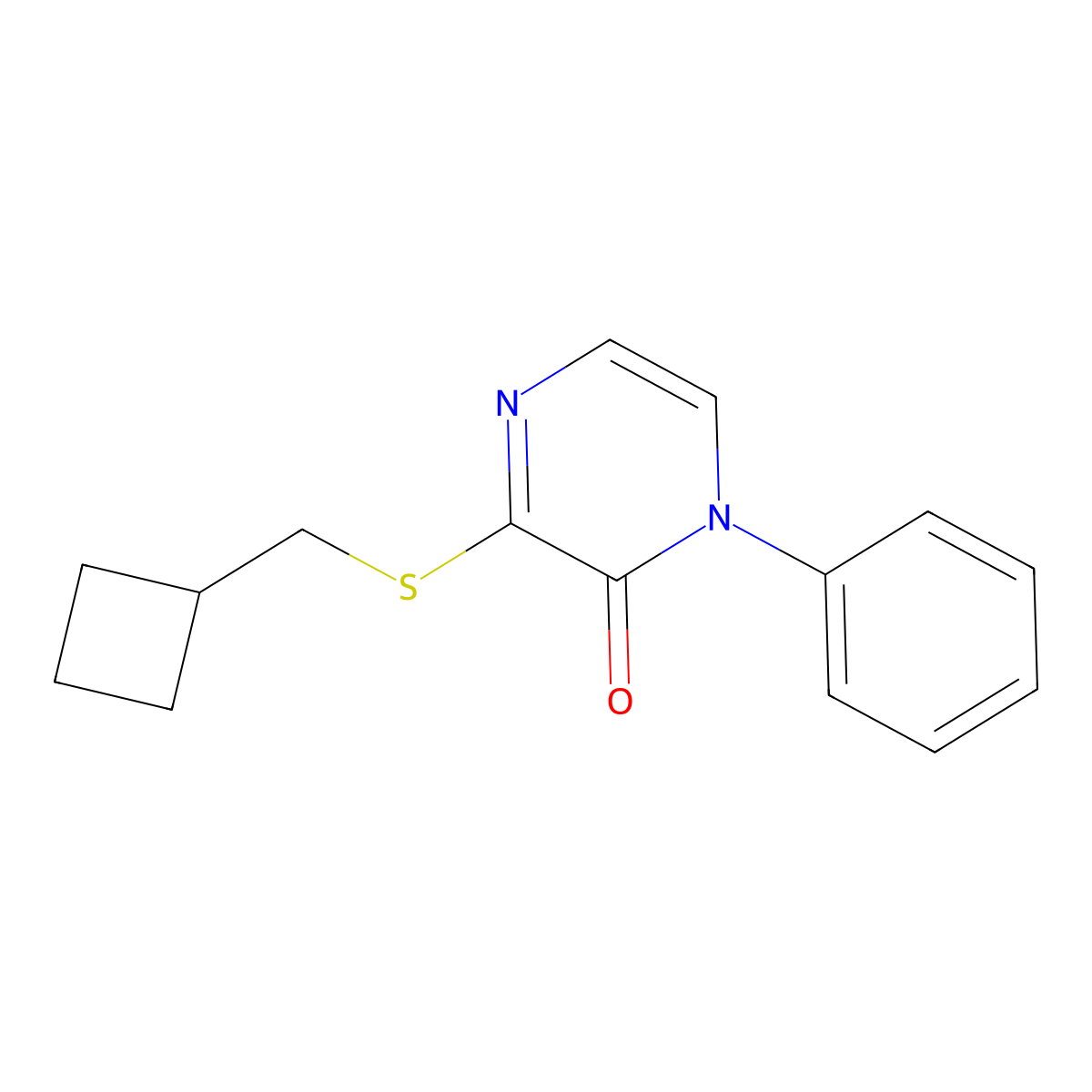 3-[(Cyclobutylmethyl)sulfanyl]-1-phenyl-1,2-dihydropyrazin-2-one molecular structure, CAS 2640978-33-0