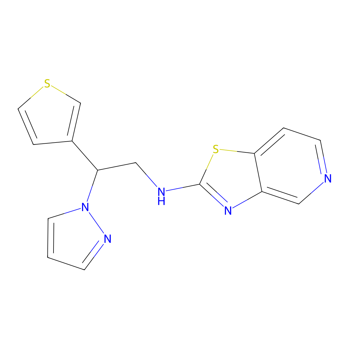 N-[2-(1H-pyrazol-1-yl)-2-(thiophen-3-yl)ethyl]-[1,3]thiazolo[4,5-c]pyridin-2-amine molecular structure, CAS 2640978-34-1