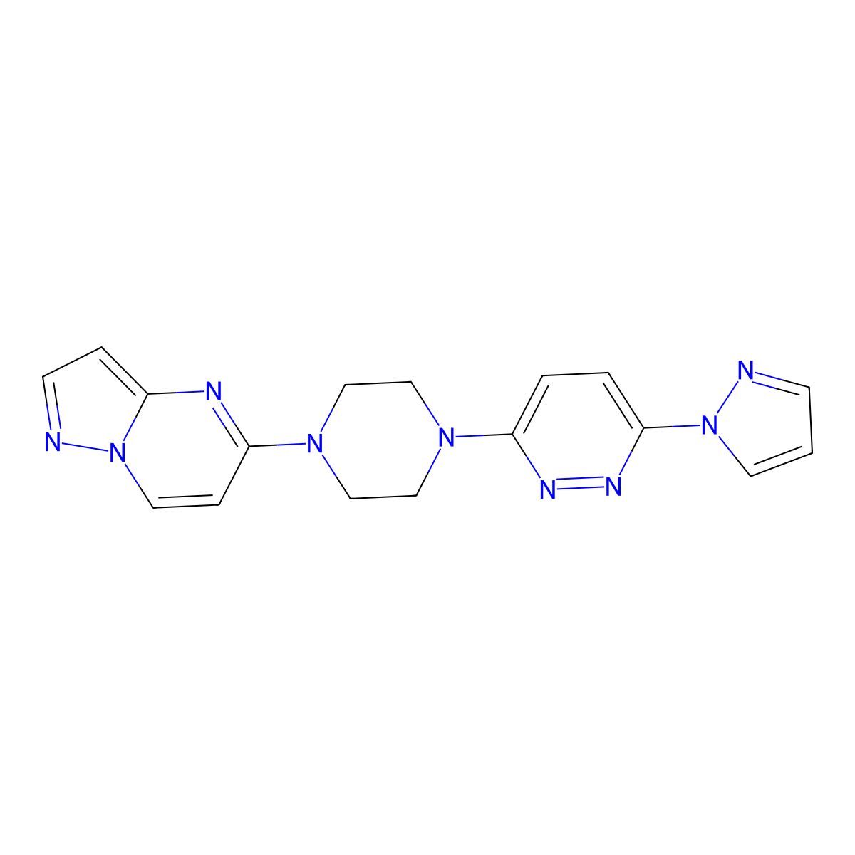 3-(1H-pyrazol-1-yl)-6-(4-{pyrazolo[1,5-a]pyrimidin-5-yl}piperazin-1-yl)pyridazine molecular structure, CAS 2640978-35-2