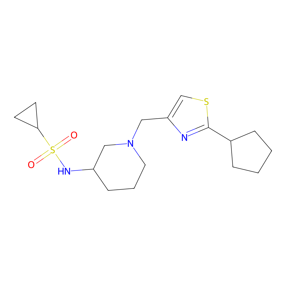 N-{1-[(2-cyclopentyl-1,3-thiazol-4-yl)methyl]piperidin-3-yl}cyclopropanesulfonamide molecular structure, CAS 2640978-36-3