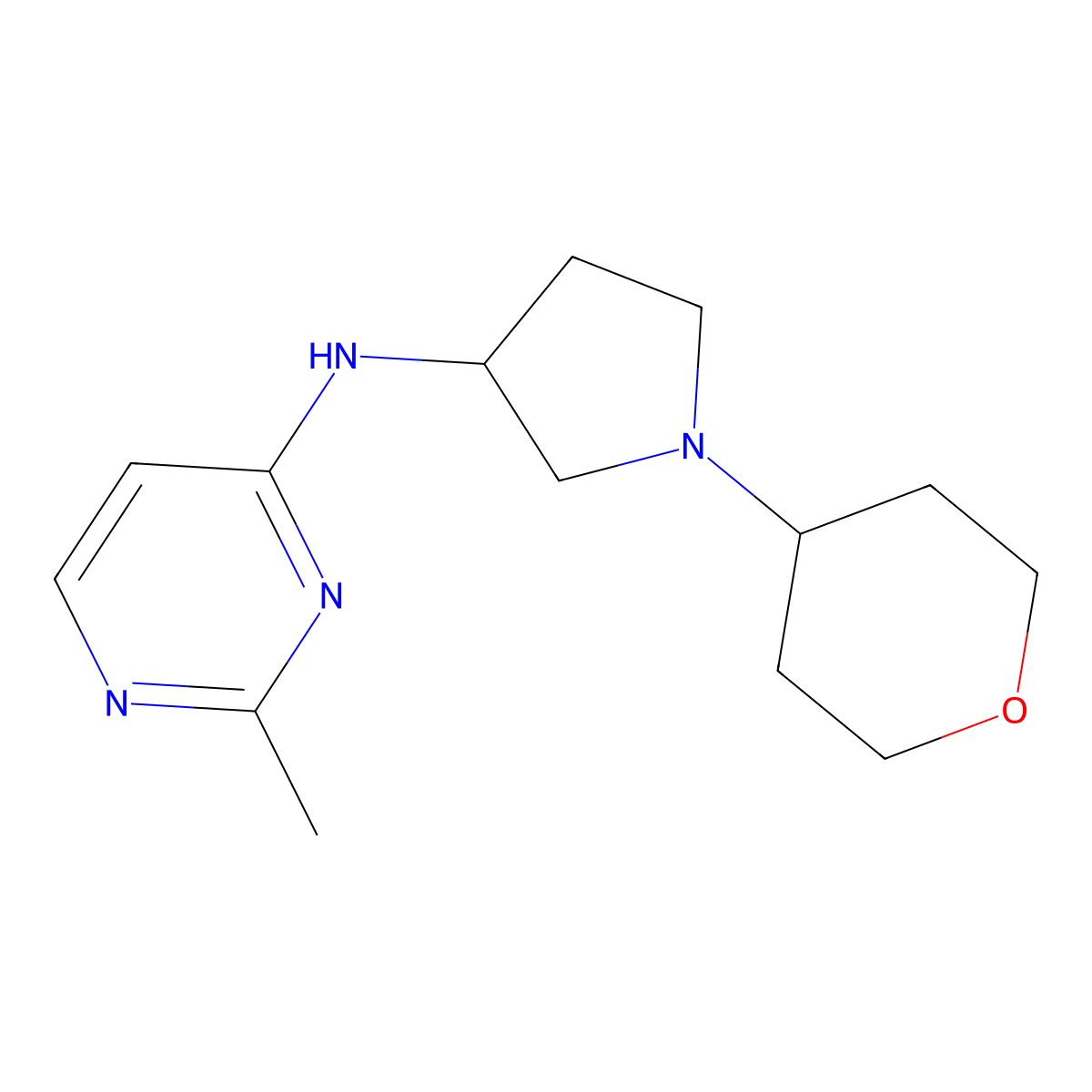 2-methyl-N-[1-(oxan-4-yl)pyrrolidin-3-yl]pyrimidin-4-amine molecular structure, CAS 2640978-37-4