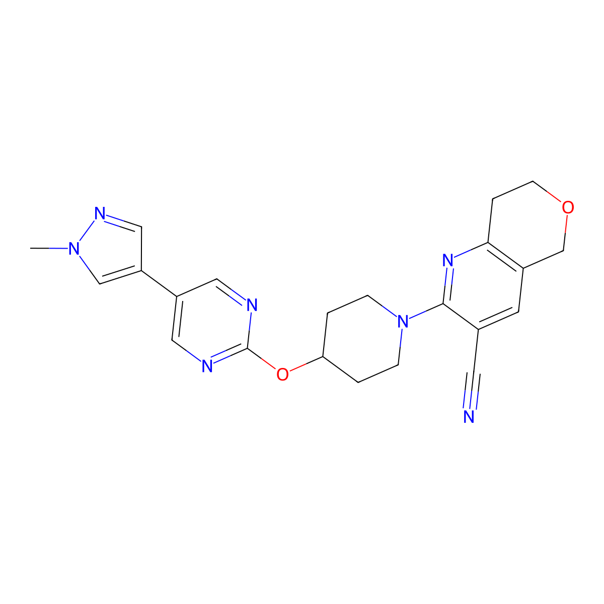 2-(4-{[5-(1-methyl-1H-pyrazol-4-yl)pyrimidin-2-yl]oxy}piperidin-1-yl)-5H,7H,8H-pyrano[4,3-b]pyridine-3-carbonitrile molecular structure, CAS 2640978-43-2