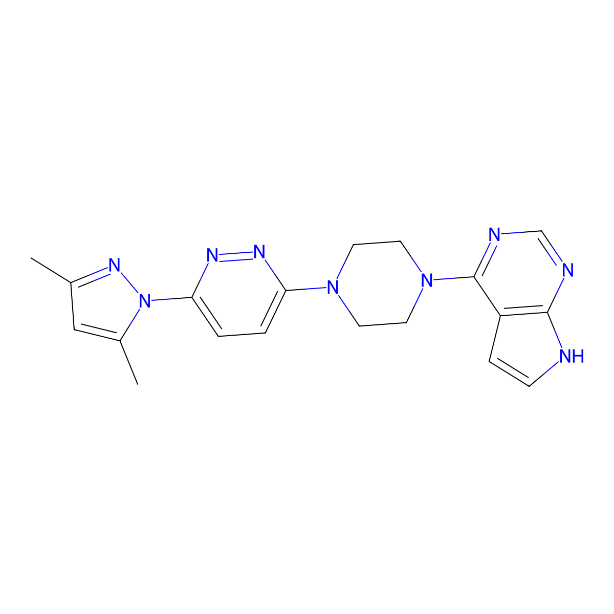 3-(3,5-dimethyl-1H-pyrazol-1-yl)-6-(4-{7H-pyrrolo[2,3-d]pyrimidin-4-yl}piperazin-1-yl)pyridazine molecular structure, CAS 2640978-44-3