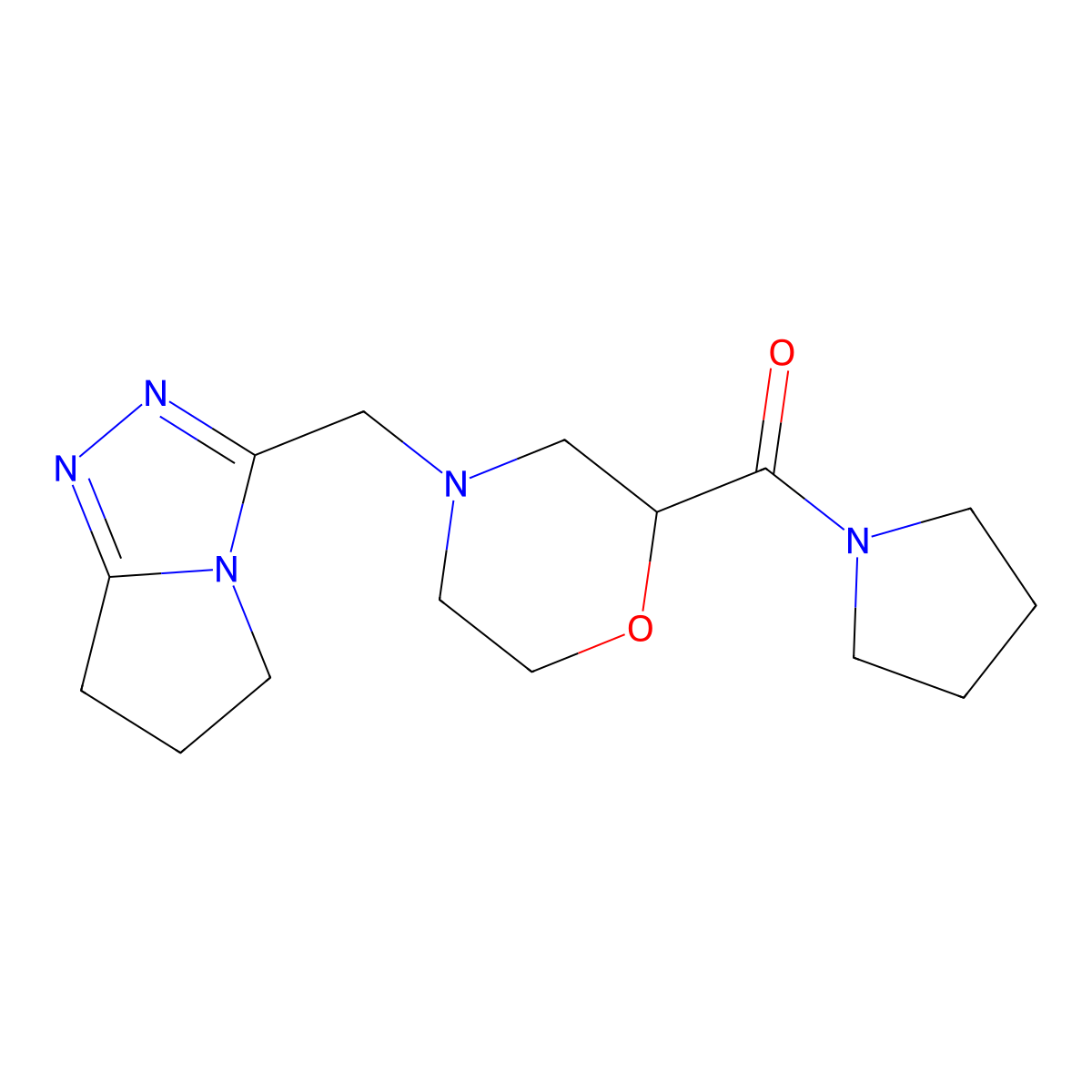 2-(pyrrolidine-1-carbonyl)-4-({5H,6H,7H-pyrrolo[2,1-c][1,2,4]triazol-3-yl}methyl)morpholine molecular structure, CAS 2640978-46-5