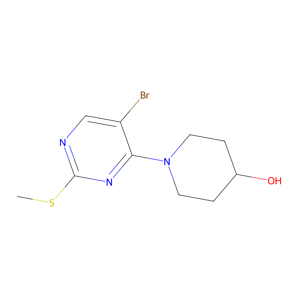 1-[5-Bromo-2-(methylsulfanyl)pyrimidin-4-yl]piperidin-4-ol molecular structure, CAS 2640978-47-6