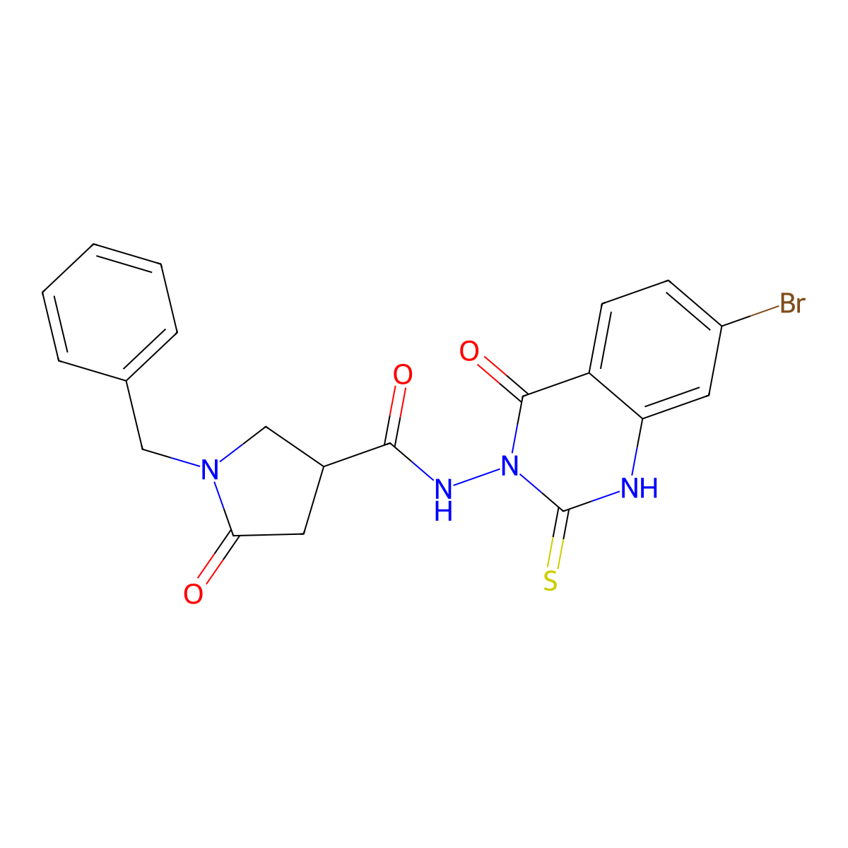 1-benzyl-N-(7-bromo-4-oxo-2-sulfanylidene-1,2,3,4-tetrahydroquinazolin-3-yl)-5-oxopyrrolidine-3-carboxamide molecular structure, CAS 2640978-52-3
