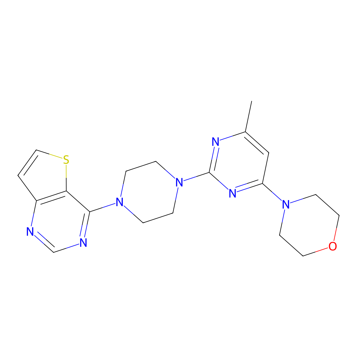 4-[6-Methyl-2-(4-{thieno[3,2-d]pyrimidin-4-yl}piperazin-1-yl)pyrimidin-4-yl]morpholine molecular structure, CAS 2640978-53-4