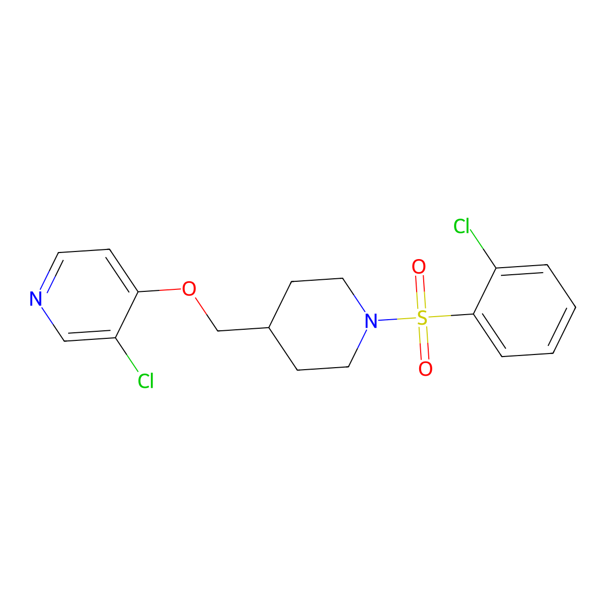 3-Chloro-4-{[1-(2-chlorobenzenesulfonyl)piperidin-4-yl]methoxy}pyridine molecular structure, CAS 2640978-56-7