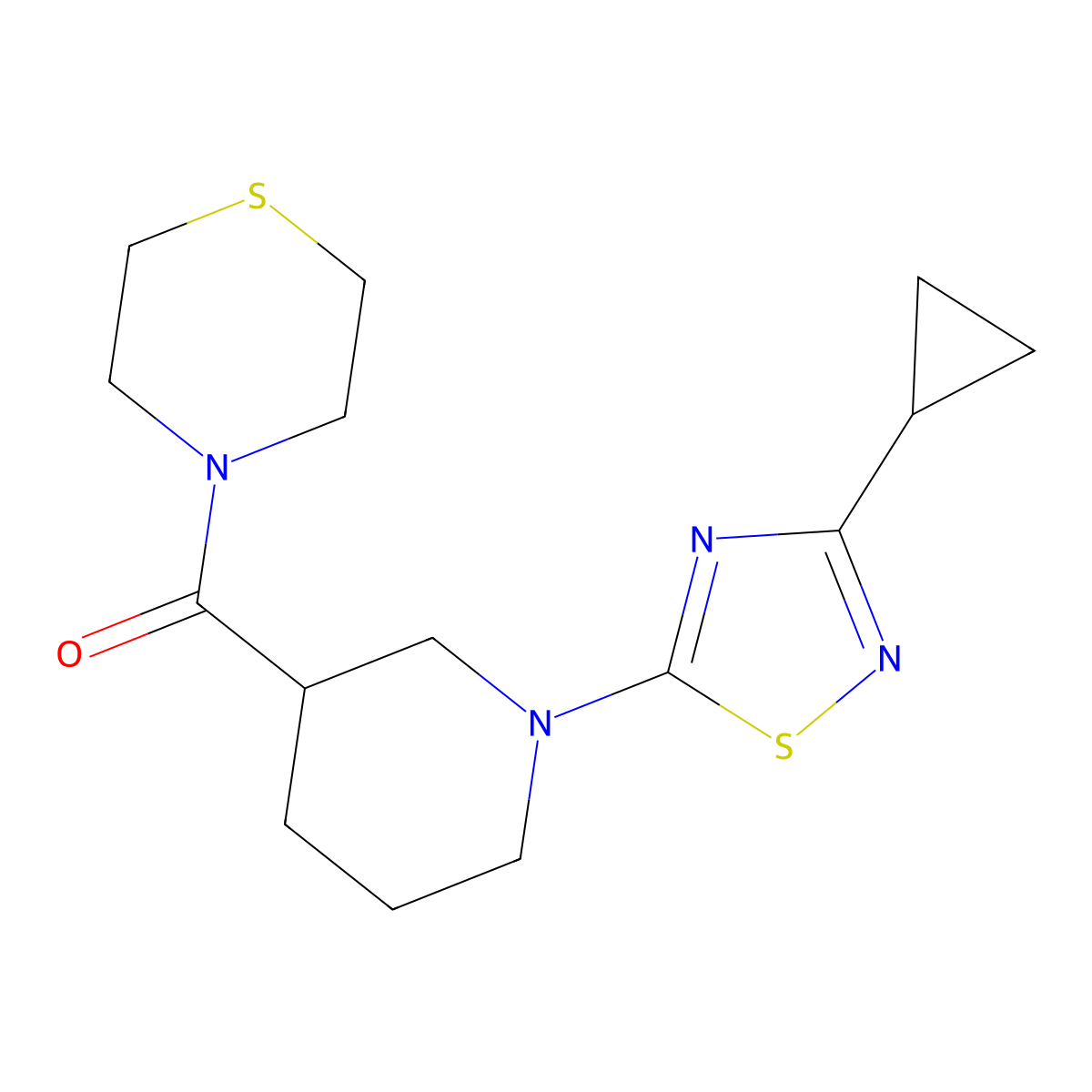 4-[1-(3-Cyclopropyl-1,2,4-thiadiazol-5-yl)piperidine-3-carbonyl]thiomorpholine molecular structure, CAS 2640978-57-8