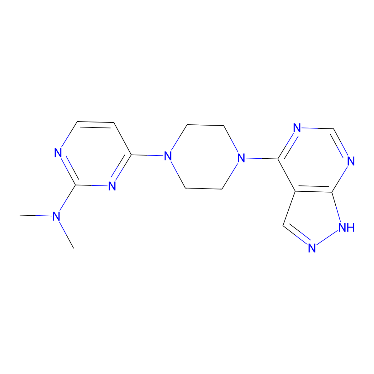 N,N-dimethyl-4-(4-{1H-pyrazolo[3,4-d]pyrimidin-4-yl}piperazin-1-yl)pyrimidin-2-amine molecular structure, CAS 2640978-58-9