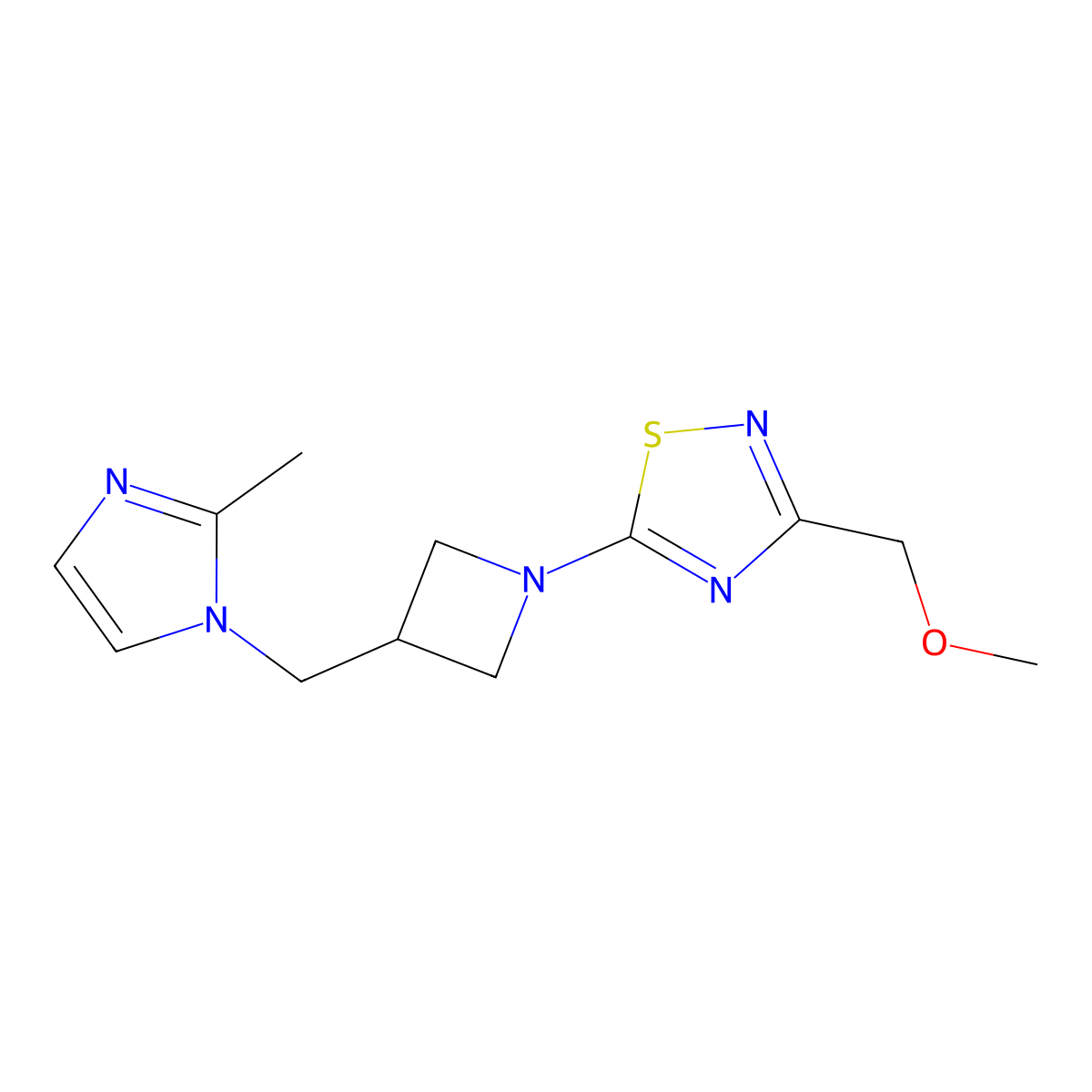 3-(methoxymethyl)-5-{3-[(2-methyl-1H-imidazol-1-yl)methyl]azetidin-1-yl}-1,2,4-thiadiazole molecular structure, CAS 2640978-59-0