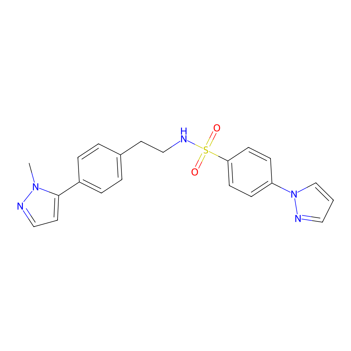 N-{2-[4-(1-methyl-1H-pyrazol-5-yl)phenyl]ethyl}-4-(1H-pyrazol-1-yl)benzene-1-sulfonamide molecular structure, CAS 2640978-60-3