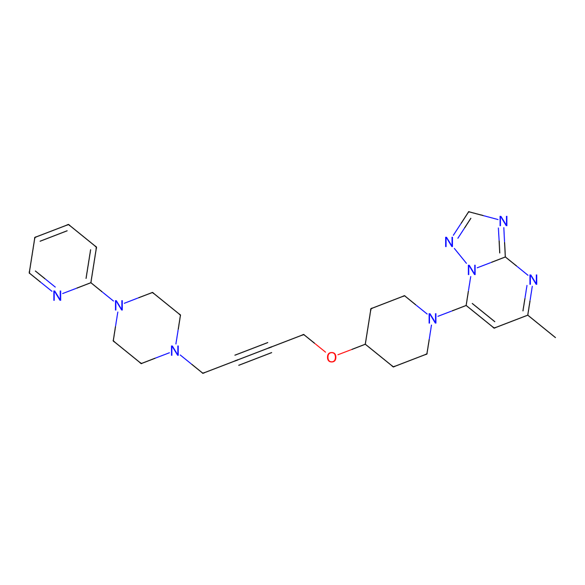 1-{4-[(1-{5-Methyl-[1,2,4]triazolo[1,5-a]pyrimidin-7-yl}piperidin-4-yl)oxy]but-2-yn-1-yl}-4-(pyridin-2-yl)piperazine molecular structure, CAS 2640978-64-7