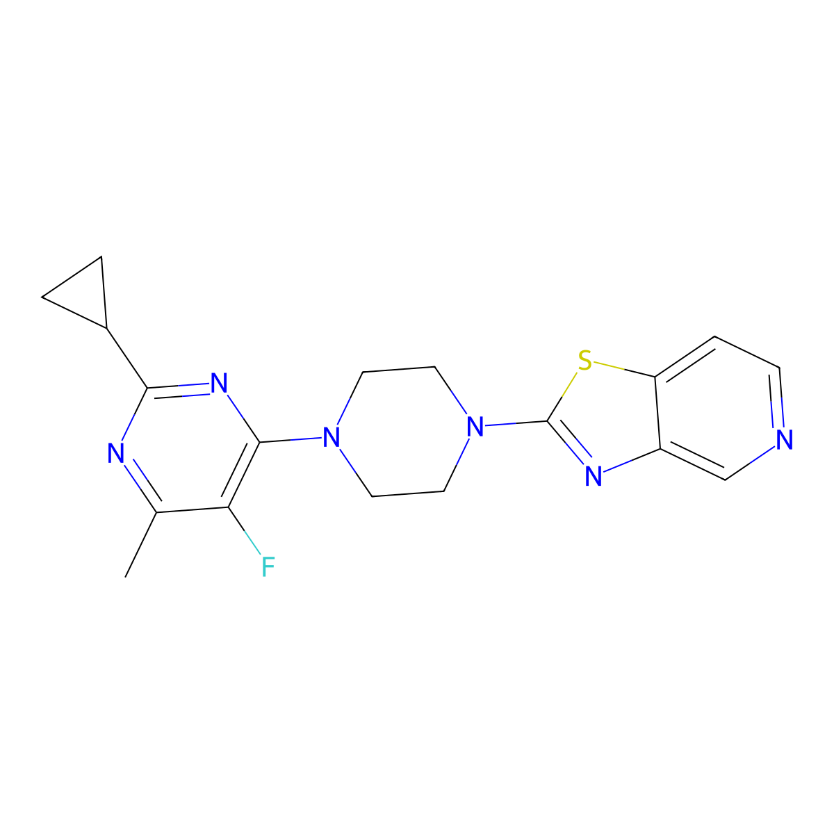 2-Cyclopropyl-5-fluoro-4-methyl-6-(4-{[1,3]thiazolo[4,5-c]pyridin-2-yl}piperazin-1-yl)pyrimidine molecular structure, CAS 2640978-70-5
