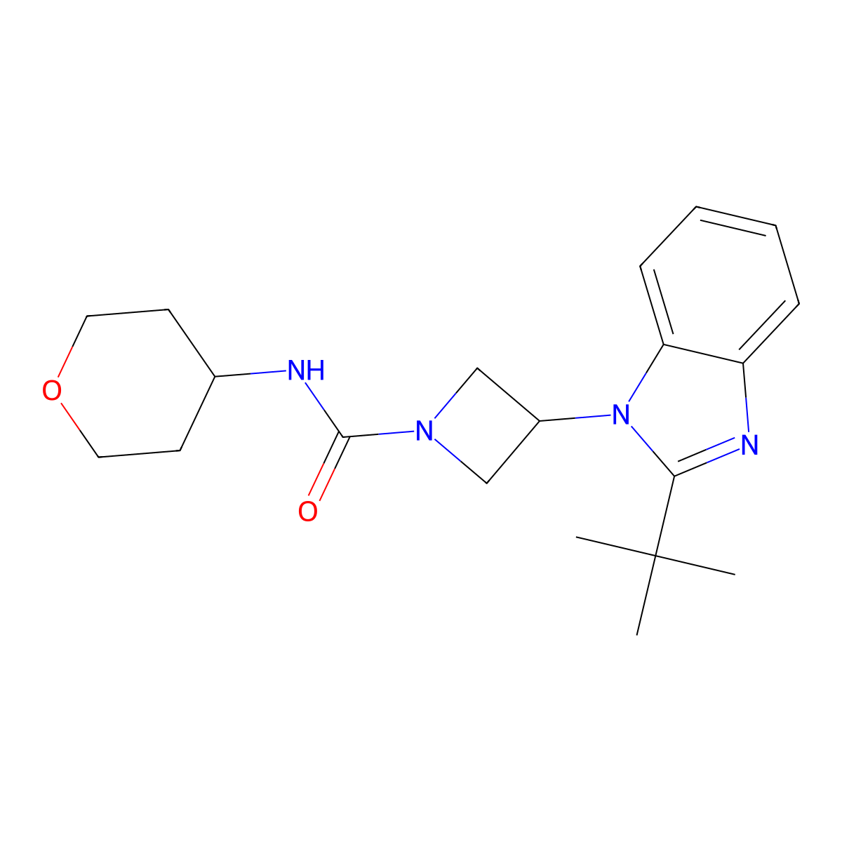 3-(2-tert-butyl-1H-1,3-benzodiazol-1-yl)-N-(oxan-4-yl)azetidine-1-carboxamide molecular structure, CAS 2640978-77-2