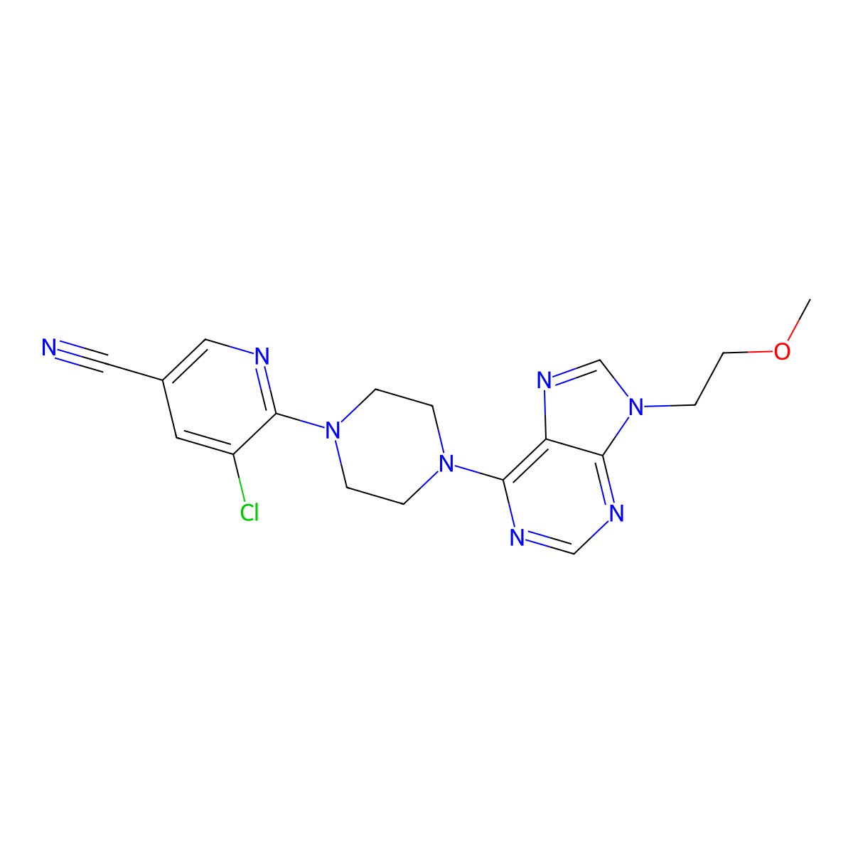 5-chloro-6-{4-[9-(2-methoxyethyl)-9H-purin-6-yl]piperazin-1-yl}pyridine-3-carbonitrile molecular structure, CAS 2640978-78-3