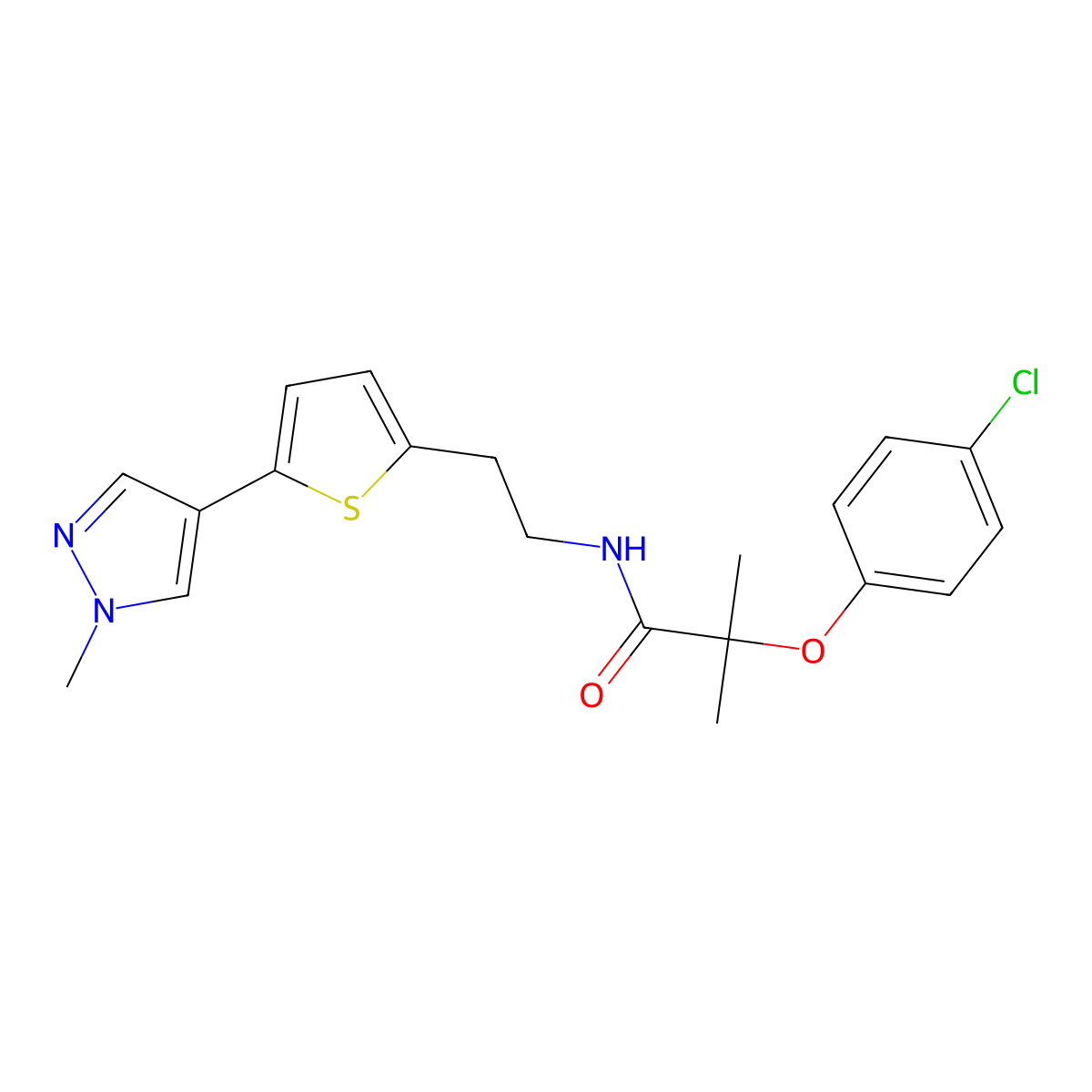 2-(4-chlorophenoxy)-2-methyl-N-{2-[5-(1-methyl-1H-pyrazol-4-yl)thiophen-2-yl]ethyl}propanamide molecular structure, CAS 2640978-79-4