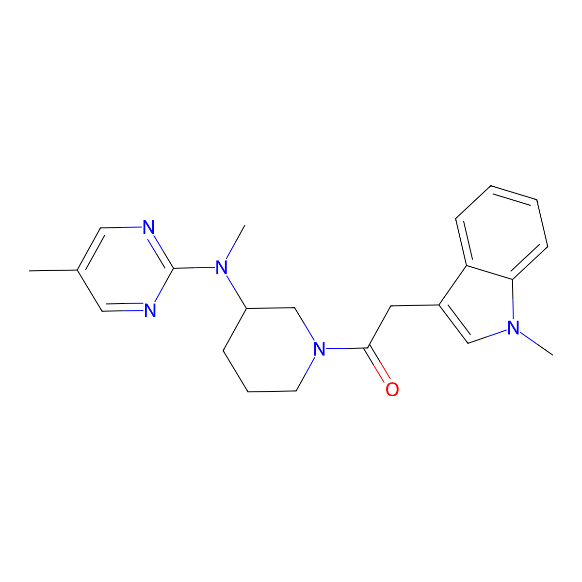 1-{3-[methyl(5-methylpyrimidin-2-yl)amino]piperidin-1-yl}-2-(1-methyl-1H-indol-3-yl)ethan-1-one molecular structure, CAS 2640978-80-7