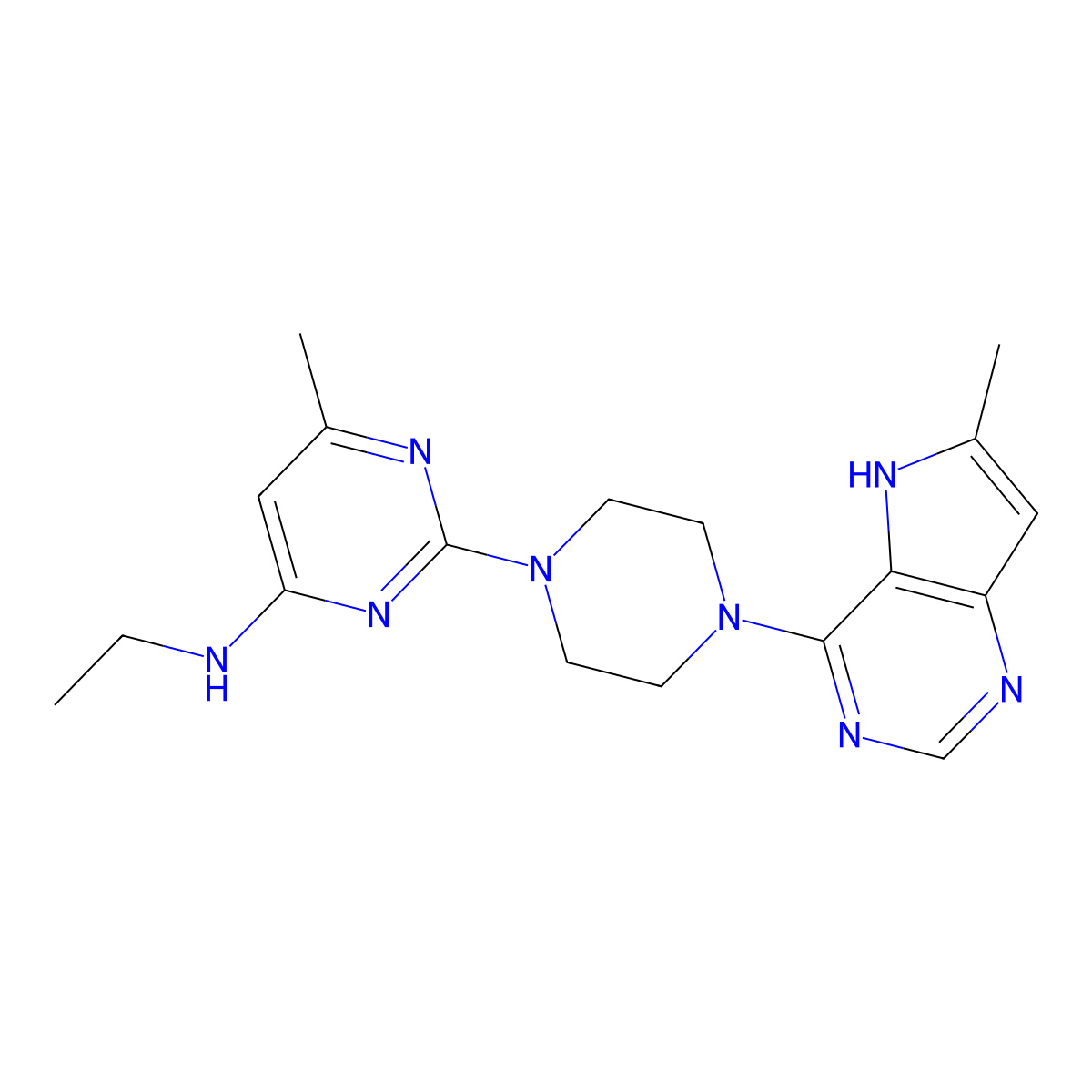 N-ethyl-6-methyl-2-(4-{6-methyl-5H-pyrrolo[3,2-d]pyrimidin-4-yl}piperazin-1-yl)pyrimidin-4-amine molecular structure, CAS 2640978-82-9