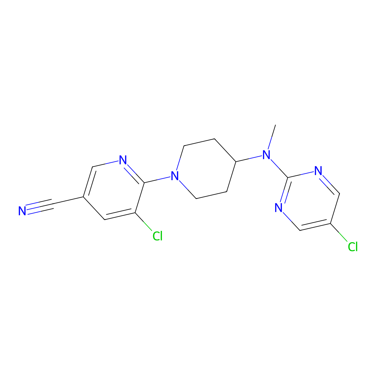 5-Chloro-6-{4-[(5-chloropyrimidin-2-yl)(methyl)amino]piperidin-1-yl}pyridine-3-carbonitrile molecular structure, CAS 2640978-84-1